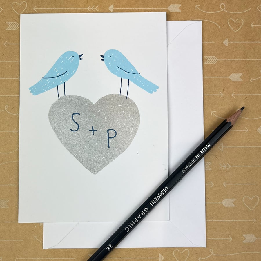 Blue Birds Love Birds Screenprinted Card - Initials S & P - perfectly imperfect