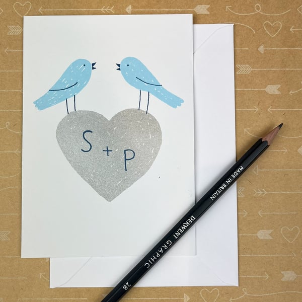 Blue Birds Love Birds Screenprinted Card - Initials S & P - perfectly imperfect