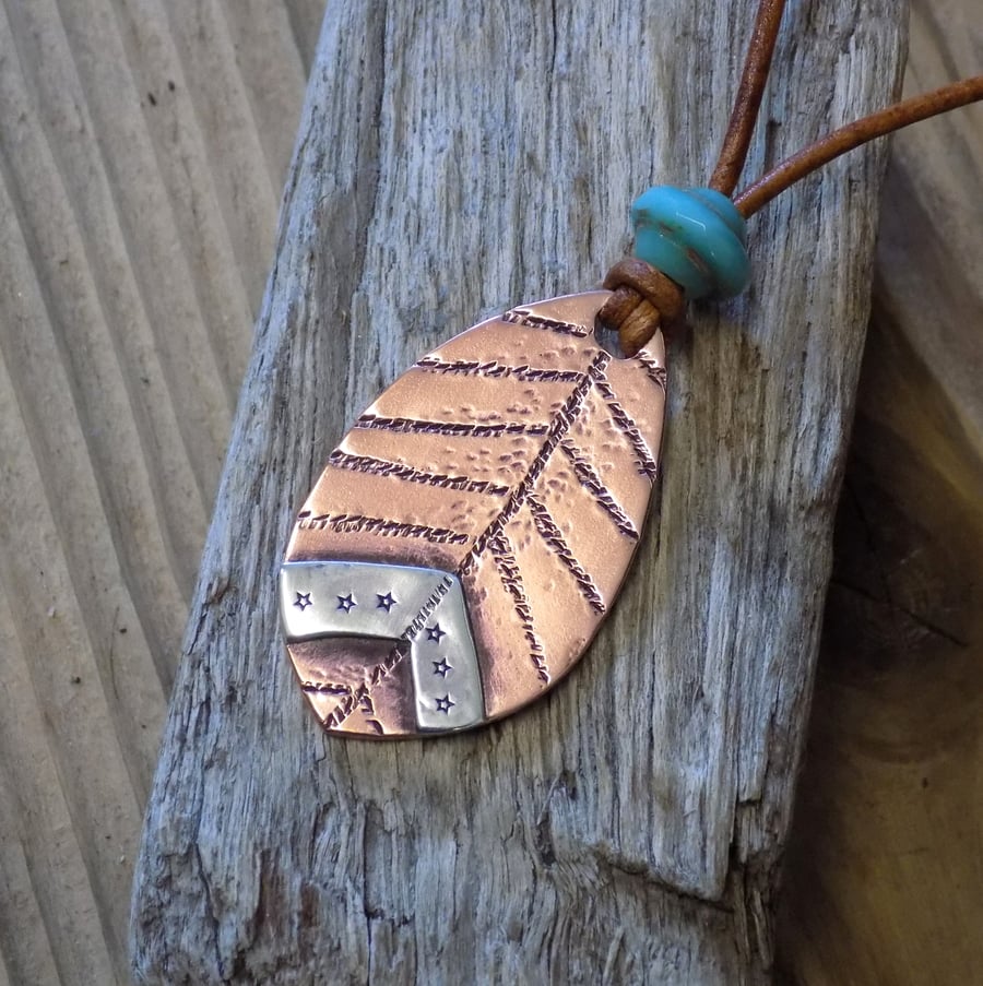 Rustic aged copper and silver 'autumn leaf' mixed metals pendant 