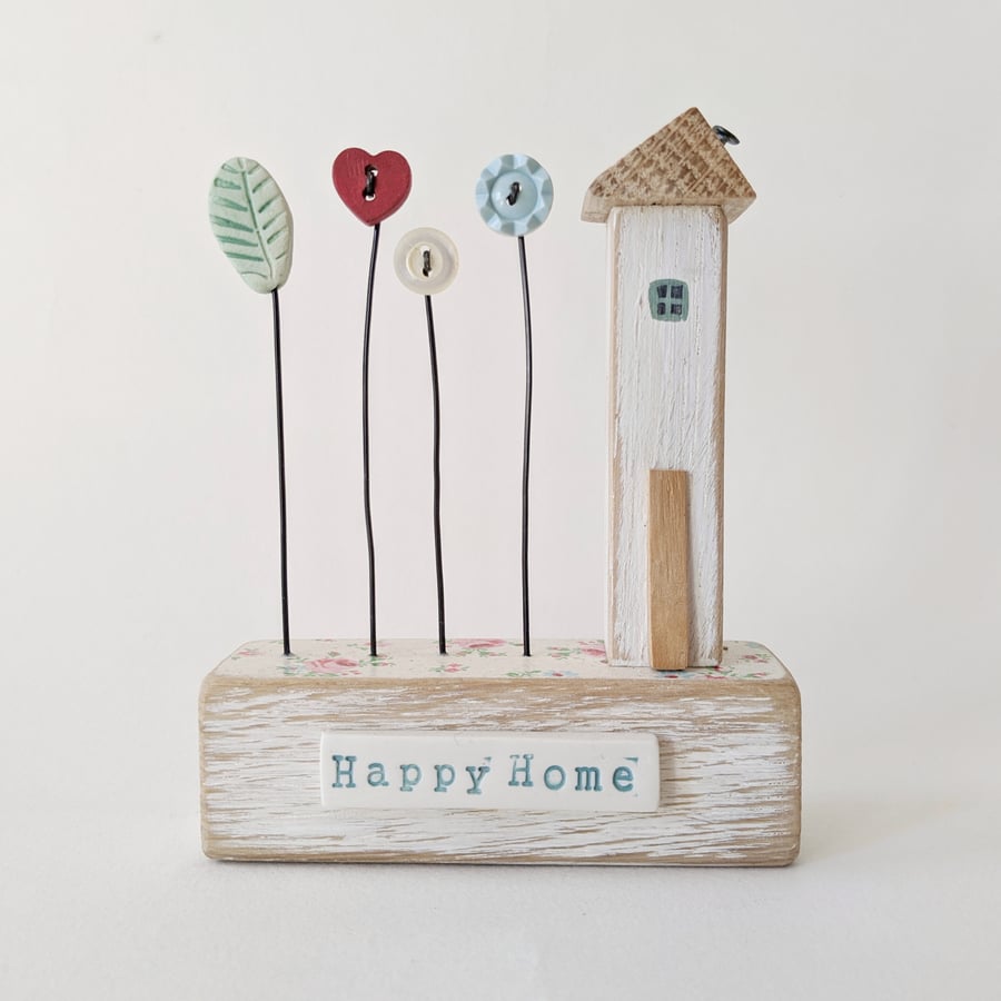 Little Wooden House with Button Flower Garden 'Happy Home'