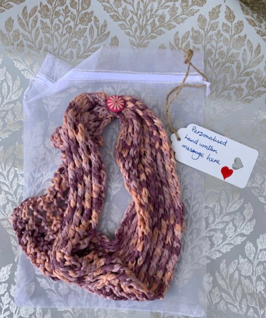 Pink bamboo infinity scarf necklace