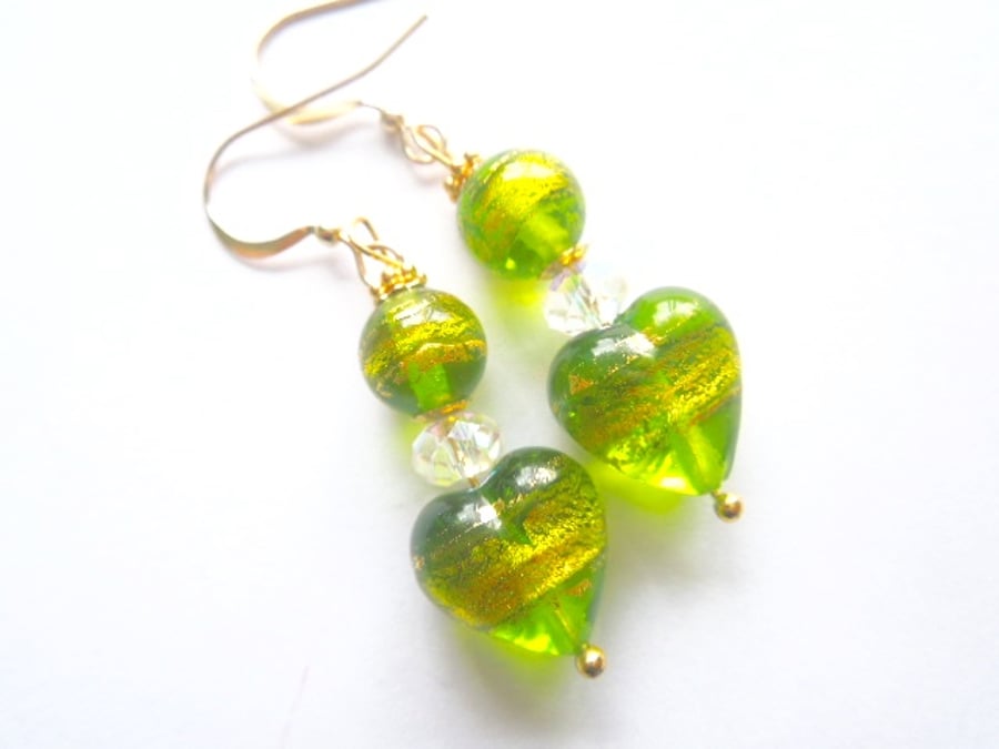 Murano glass green and gold heart earrings with Swarovski crystal 