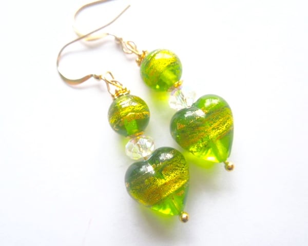 Murano glass green and gold heart earrings with Swarovski crystal 