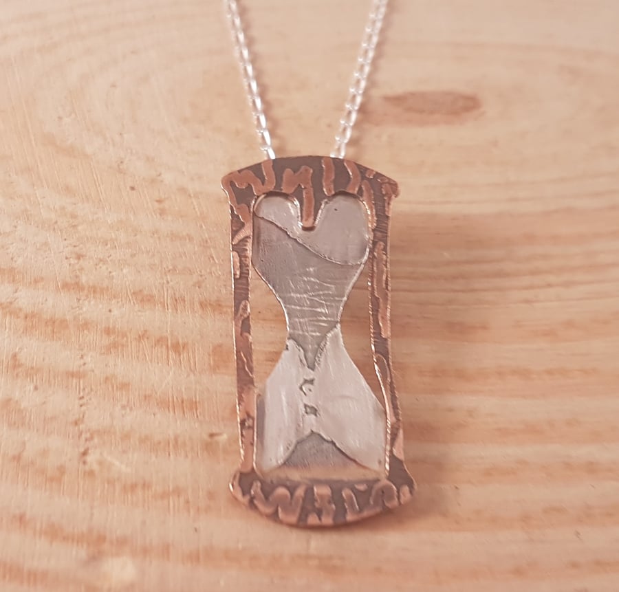Sterling Silver and Copper Etched Hour Glass Necklace