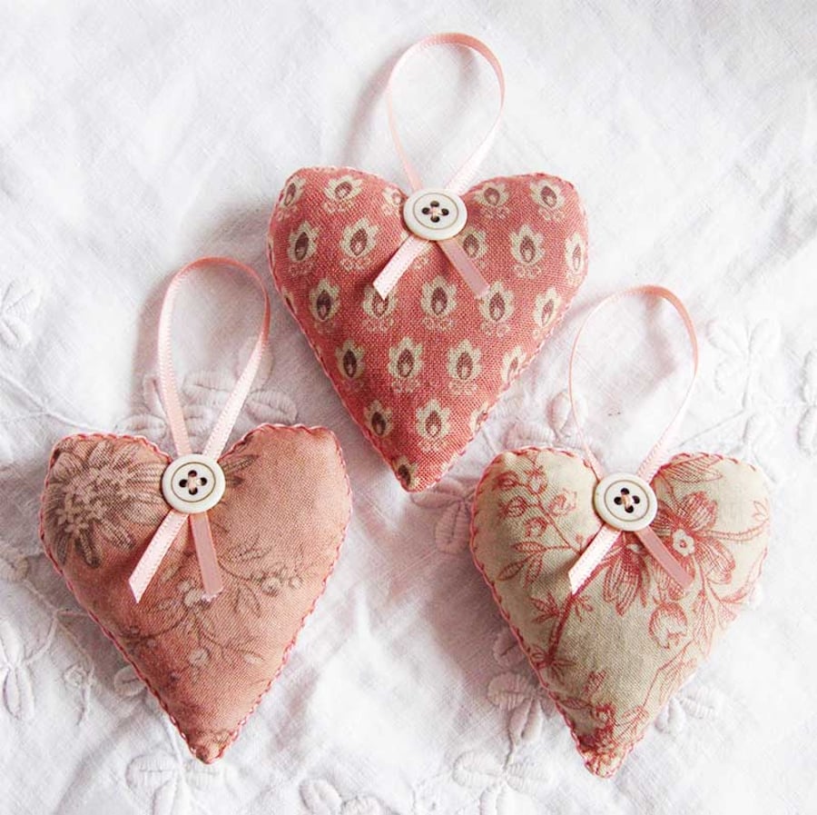 SET OF 3 LAVENDER BAGS - HEART SHAPED AND HAND EMBROIDERED