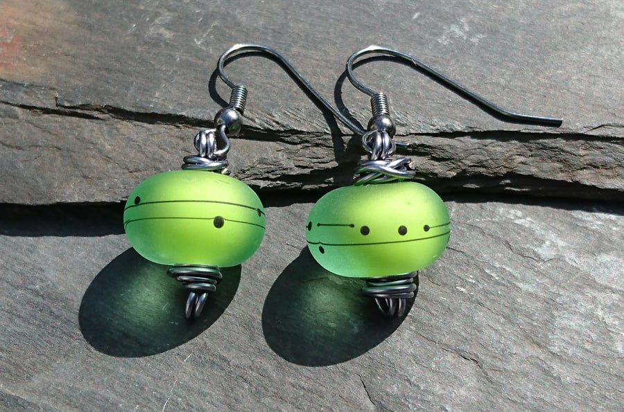 Lime green and gunmetal earrings, wire wrapped earrings