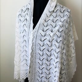 Hand Knitted White Merino Shawl