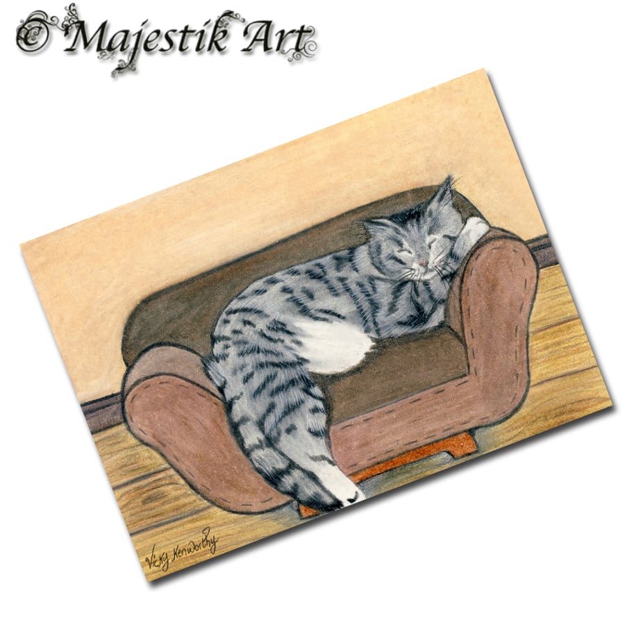 Archival ACEO Tabby Cat Print 'Cat nap' By V Kenworthy