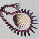 Black Hematite & Purple Pearl Gemstone Statement Cleopatra Fan Beaded Necklace