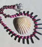 Black Hematite & Purple Pearl Gemstone Statement Cleopatra Fan Beaded Necklace - Image 1