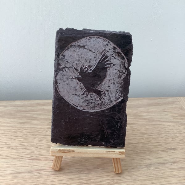 Flying bird by the moon - original art hand carved on slate