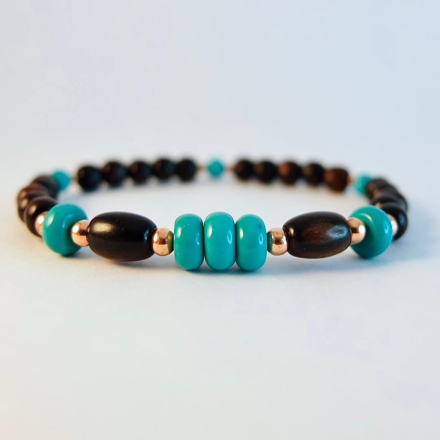 Turquoise & Tiger Ebony Bracelet - December Birthday, Anniversary, Gifts For Her