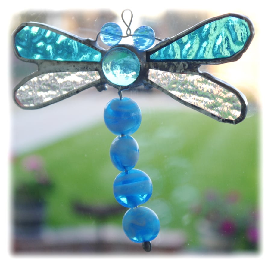 Dragonfly Suncatcher Stained Glass Turquoise Bead-Tailed  