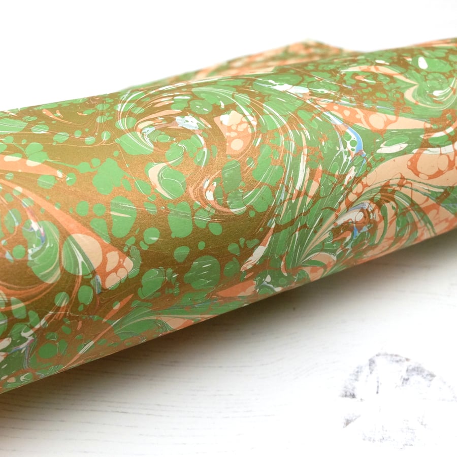 A4 Marbled paper sheet double marbled copper and green 