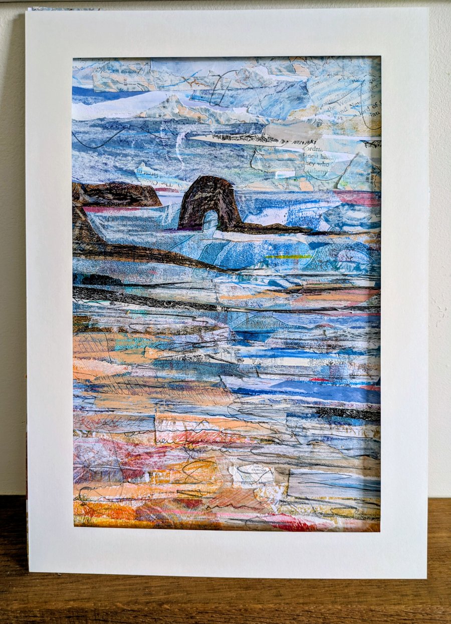 Original collage of gelli papers and oil pastel of Thurlestone rock Devon
