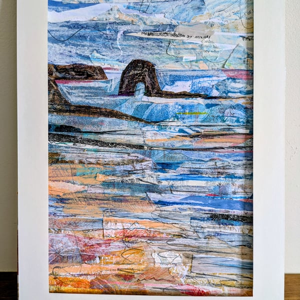 Original collage of gelli papers and oil pastel of Thurlestone rock Devon