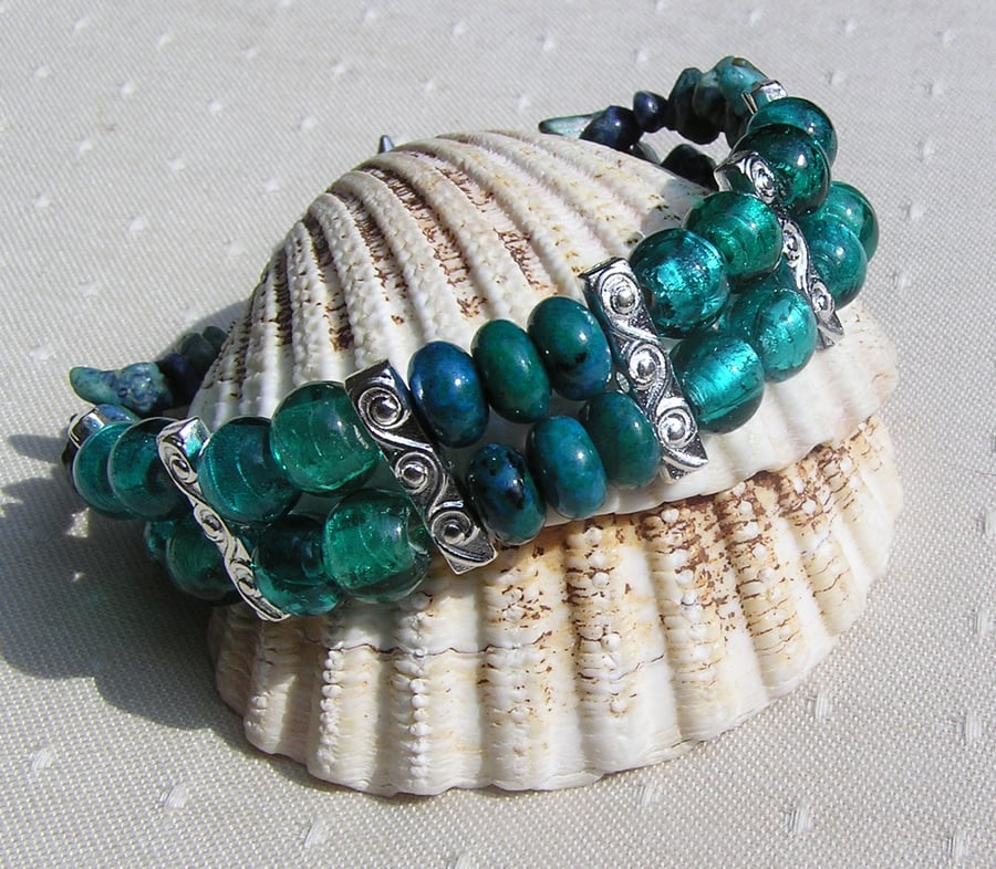 Green Silver-Foil and Teal Chrysocolla Gemstone Beaded Bracelet