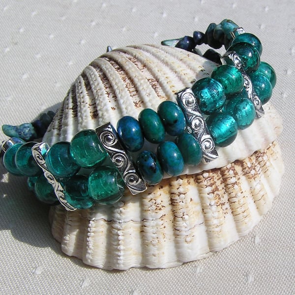 Green Silver-Foil and Teal Chrysocolla Gemstone Beaded Bracelet