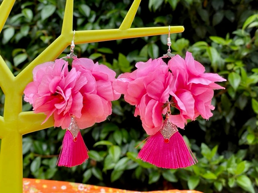 HOT PINK FLORAL FRINGE EARRINGS silk flowers gift for her silk tassel silver 