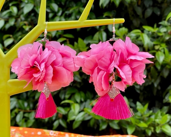 HOT PINK FLORAL FRINGE EARRINGS silk flowers gift for her silk tassel silver 