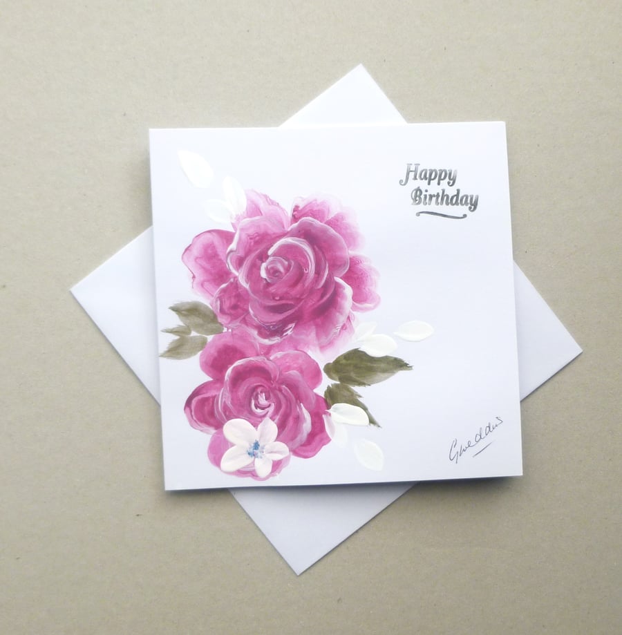 hand painted art floral roses Birthday card ( ref F 908 D3 )