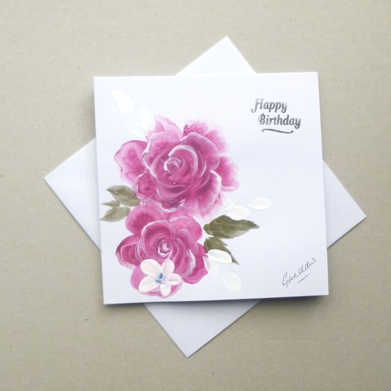 hand painted art floral roses Birthday card ( ref F 908 D3 )