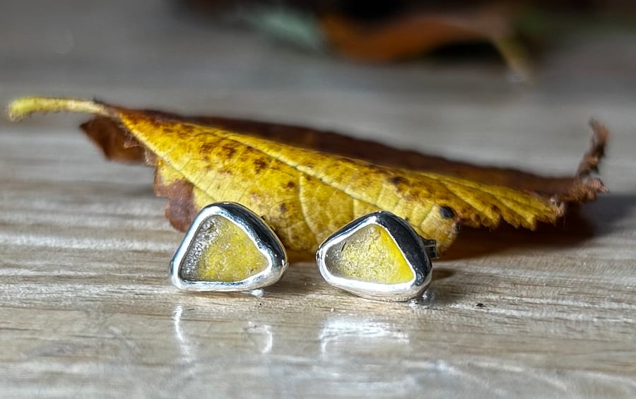 Handmade Fine & Sterling Silver Stud Earrings & Pieces Of Honey Welsh Sea Glass