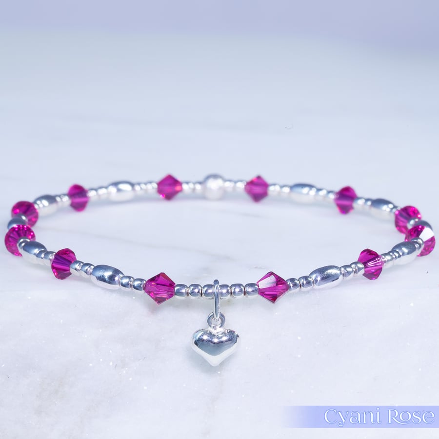 Bracelet handmade with dark pink Swarovski & heart charm dainty sterling silver 