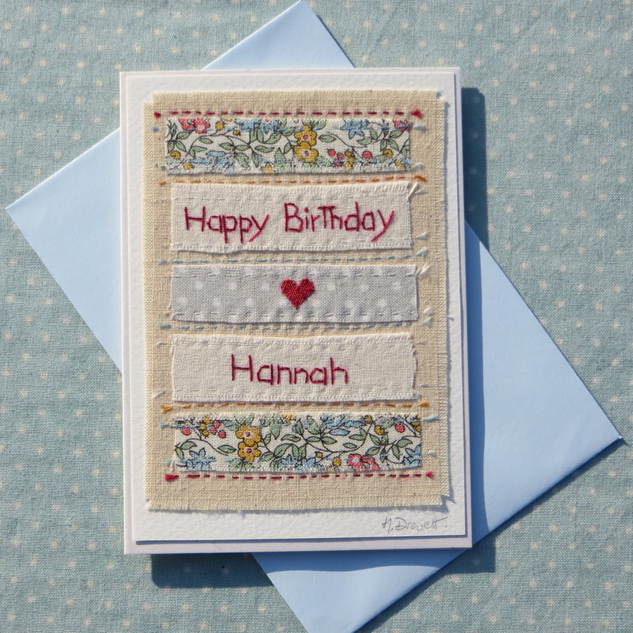 This card has been made for Leah.  The hand-stitched card measures 12 x 9 cm an