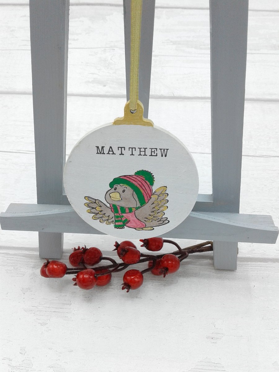 Personalised Christmas decoration. Tree decoration. Wooden bauble. Robin.