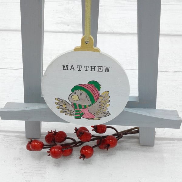 Personalised Christmas decoration. Tree decoration. Wooden bauble. Robin.