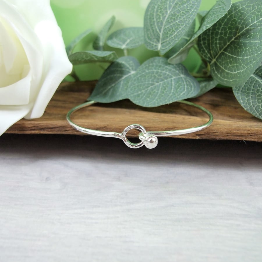 Sterling Silver Bangle with Flower Clasp. Size Small-Medium 6.5-7Inch Wrist