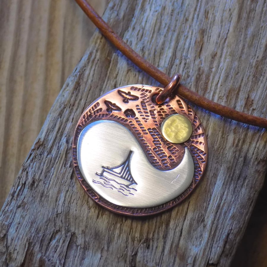 Copper and sterling silver mixed metals 'sailing at sundown' scene pendant 