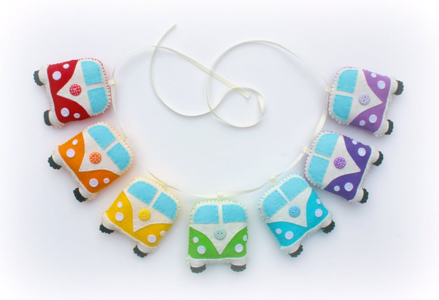 Make Your Own felt Rainbow Campervan Garland Kit. Sewing pattern.