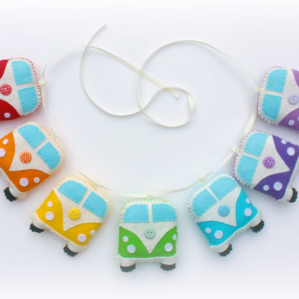 Make Your Own felt Rainbow Campervan Garland Kit. Sewing pattern.