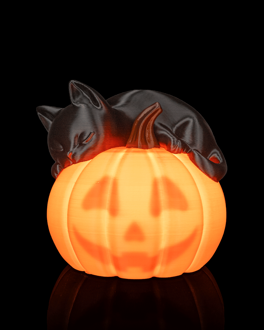 Sleepy Cat – 3D Printed Black Cat and Pumpkin Table Lamp