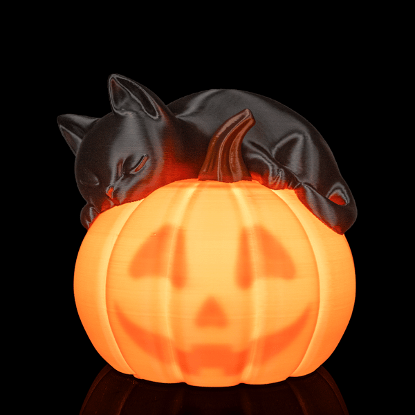 Sleepy Cat – 3D Printed Black Cat and Pumpkin Table Lamp