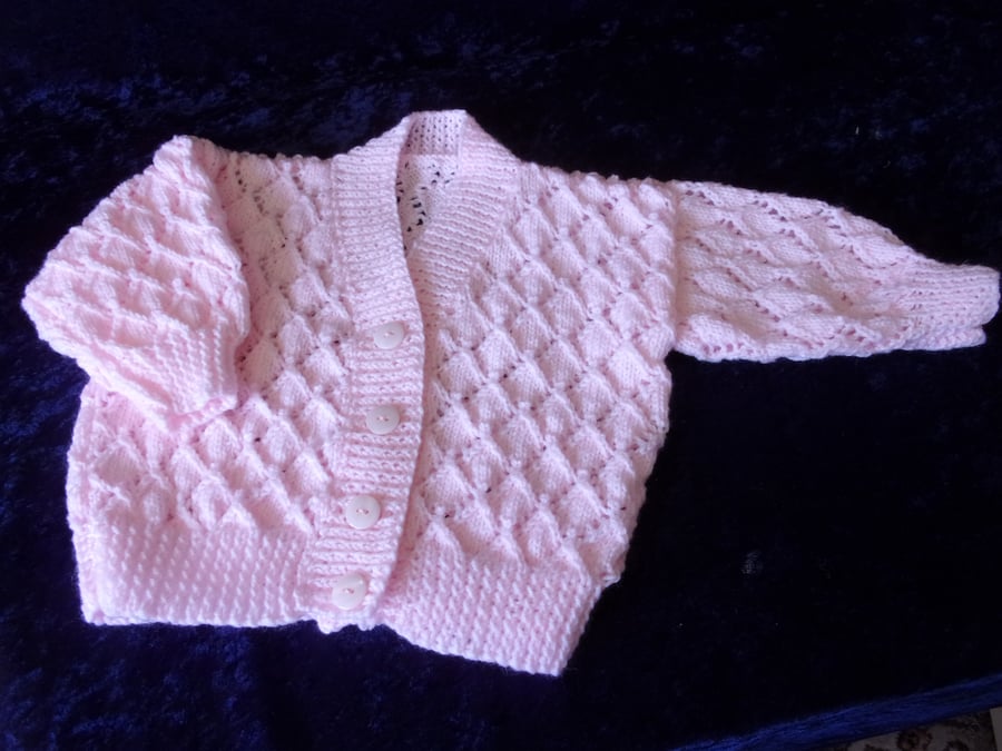 18 inch hand knitted Pink Diamond Lace V Neck Cardigan