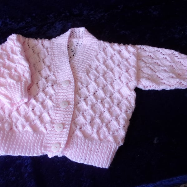 18 inch hand knitted Pink Diamond Lace V Neck Cardigan