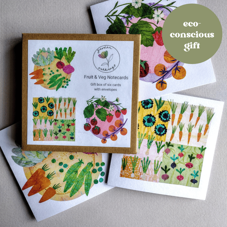 Notecard gift box, Fruit & Veg designs, gift for gardeners, plastic free