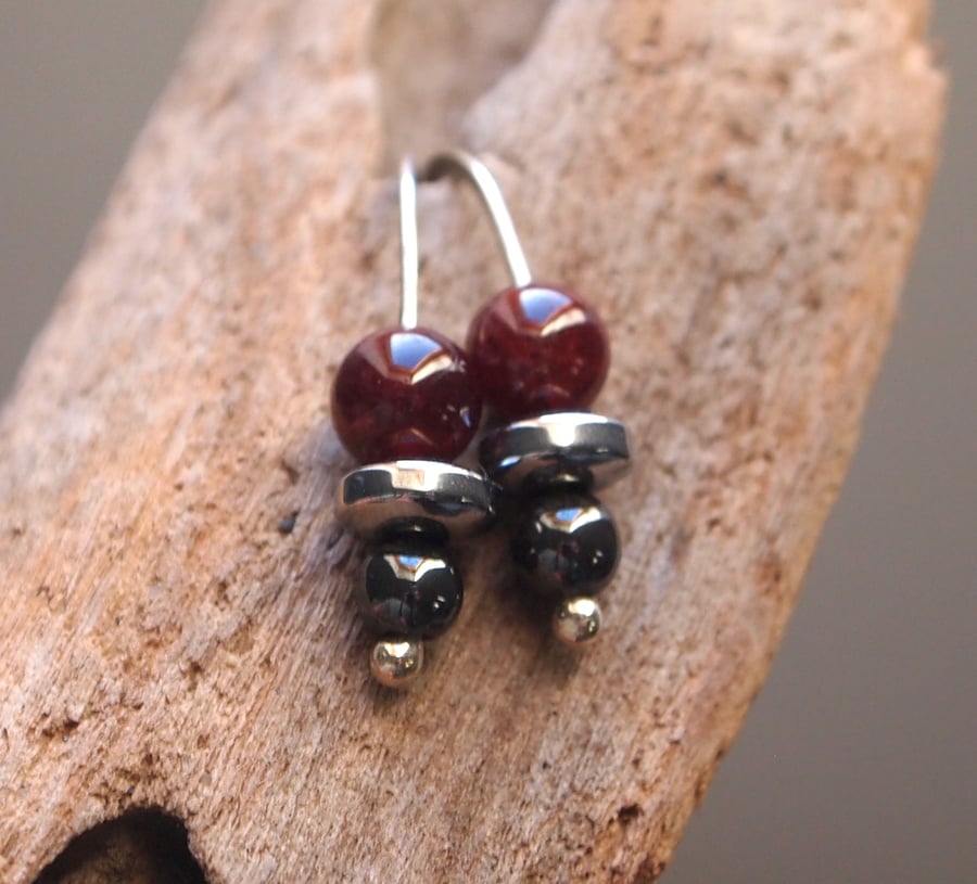 silver and dark red garnet earrings, drop garnet earrings