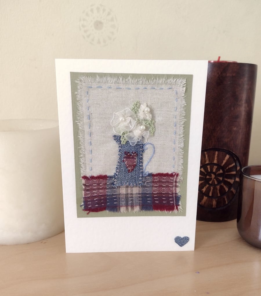 Jug of Flowers Card - Textile - Denim - Hand-Stitched - Blank Card - Birthday 