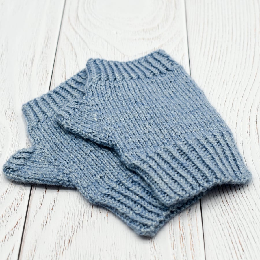 SOLD - Hand Knitted fingerless mittens small child - blue