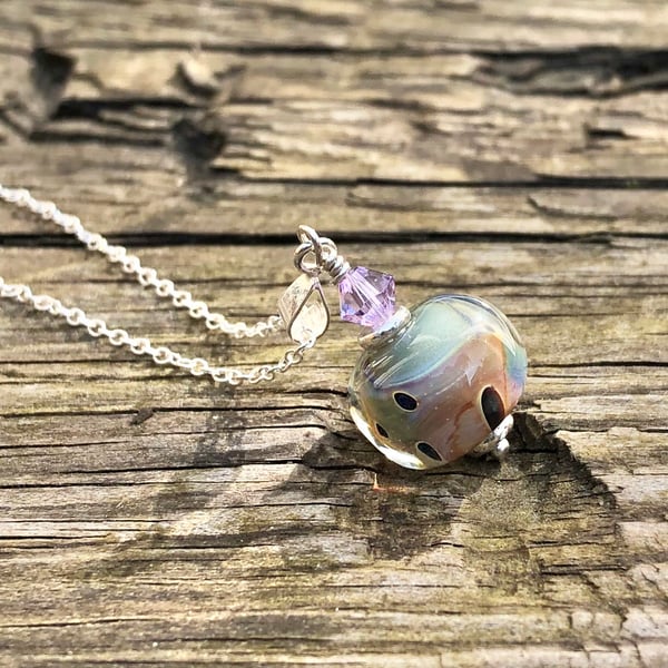 Lampwork glass pendant on adjustable chain. Sterling silver.