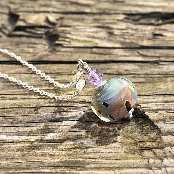 Lampwork glass pendant on adjustable chain. Sterling silver.