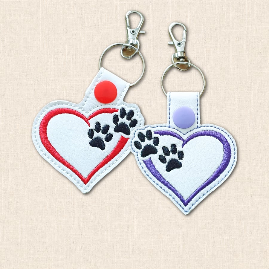 Heart Paw Print Keyring - Embroidered Faux Leather Bag Charm