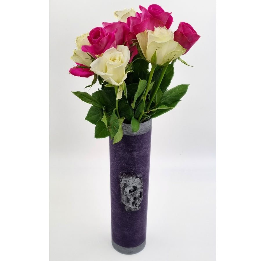 Tall Wax Cylinder Vase Purple With Aged Silver Effect Decoration