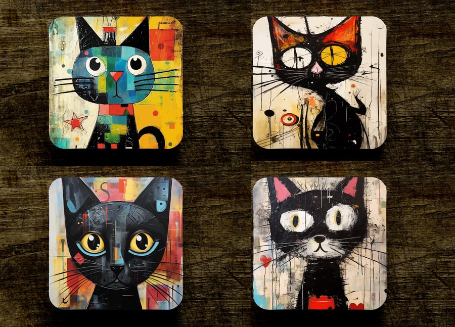 Set of 4 Dog Drink Coasters with a Paul Klee touch Abstract Art Coasters