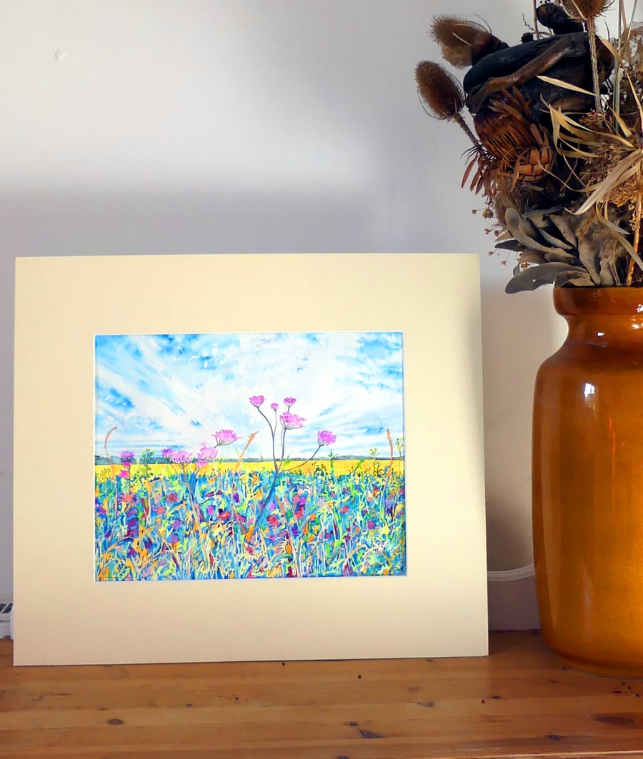 Wild Flower Landscape Original Watercolour Painting of the Fens