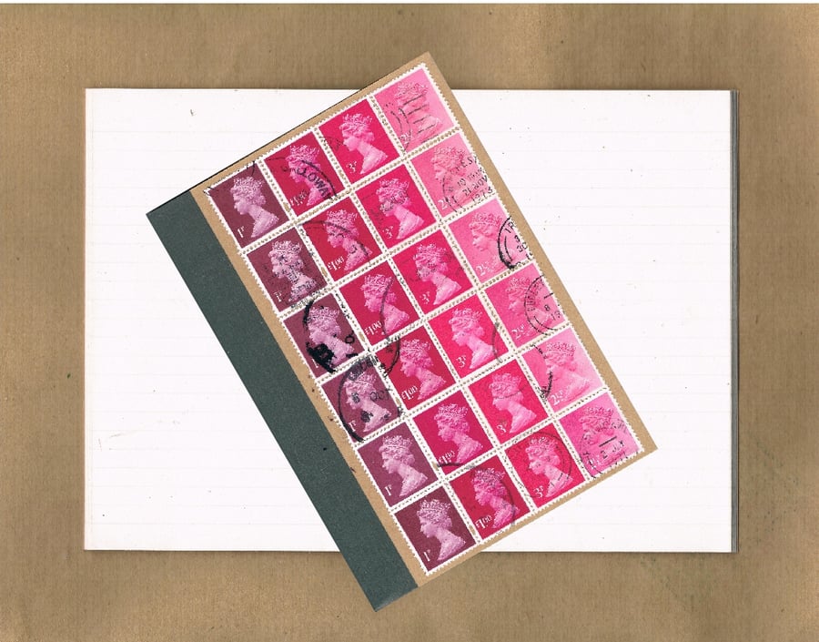 Valentine Pink Ombre, Upcycled A6 Notebook - British postage stamp lined jotter 